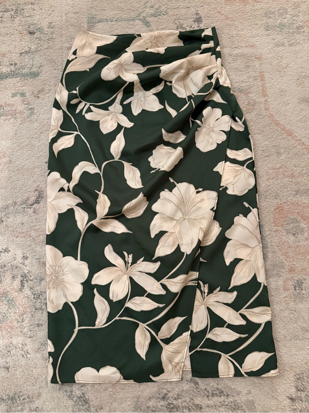 Mango Dark Green Midi Skirt with Cream Floral Print